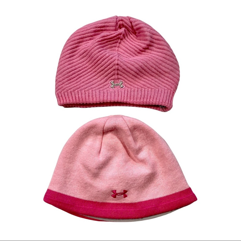 2 Girls Pink  Under Armour Hats Winter Knit Snow Warm